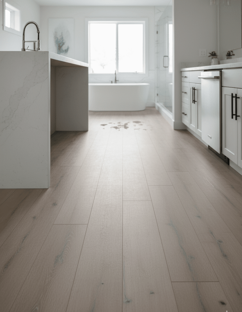 Waterproof luxury vinyl plank flooring in kitchen and bathroom