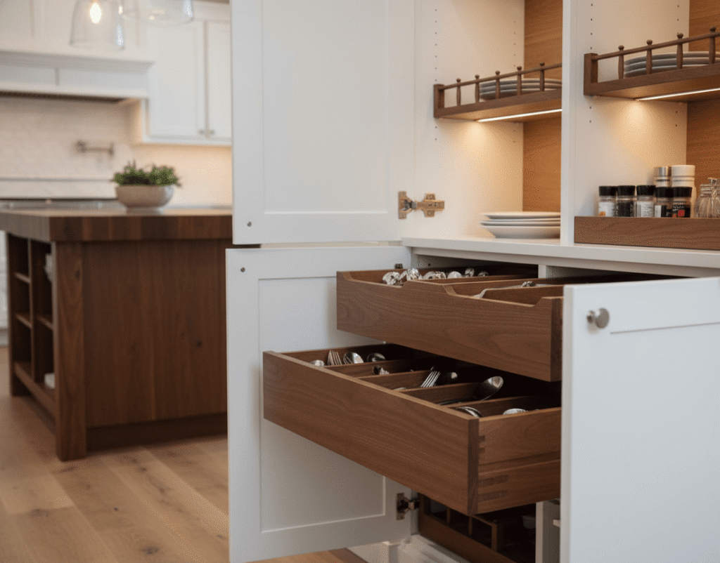 Custom white kitchen cabinetry with organized storage solutions