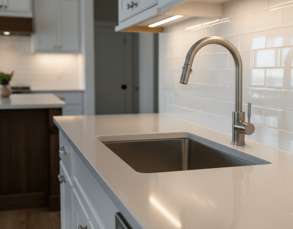 Premium gray quartz countertops with professional backsplash installation