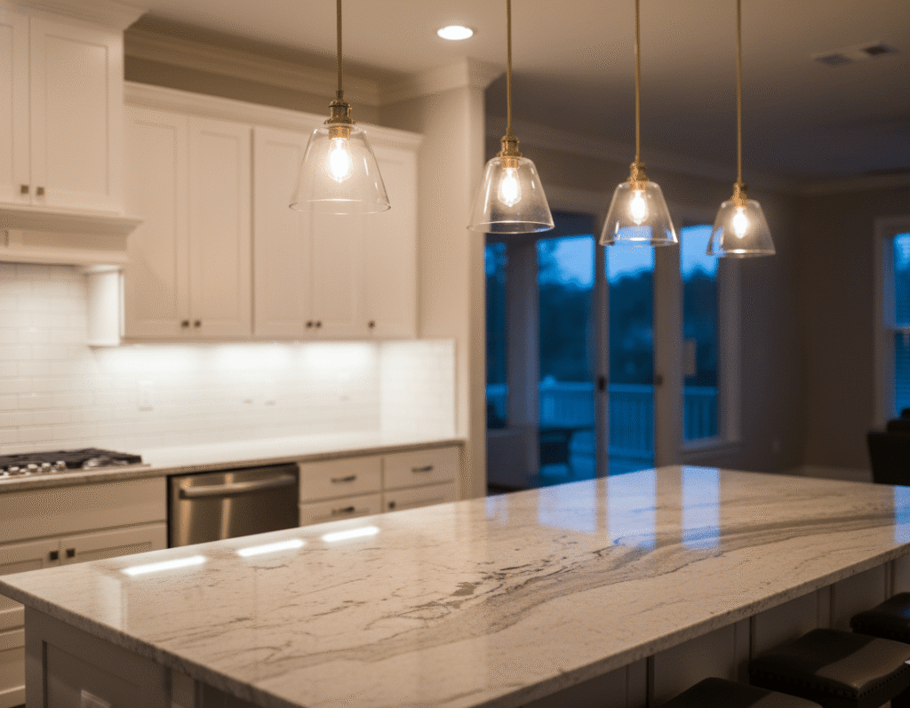 Professional kitchen lighting design with pendant lights and ambient illumination