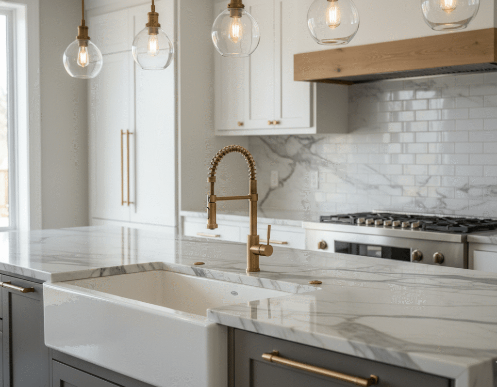 Premium gray quartz countertops with professional backsplash installation