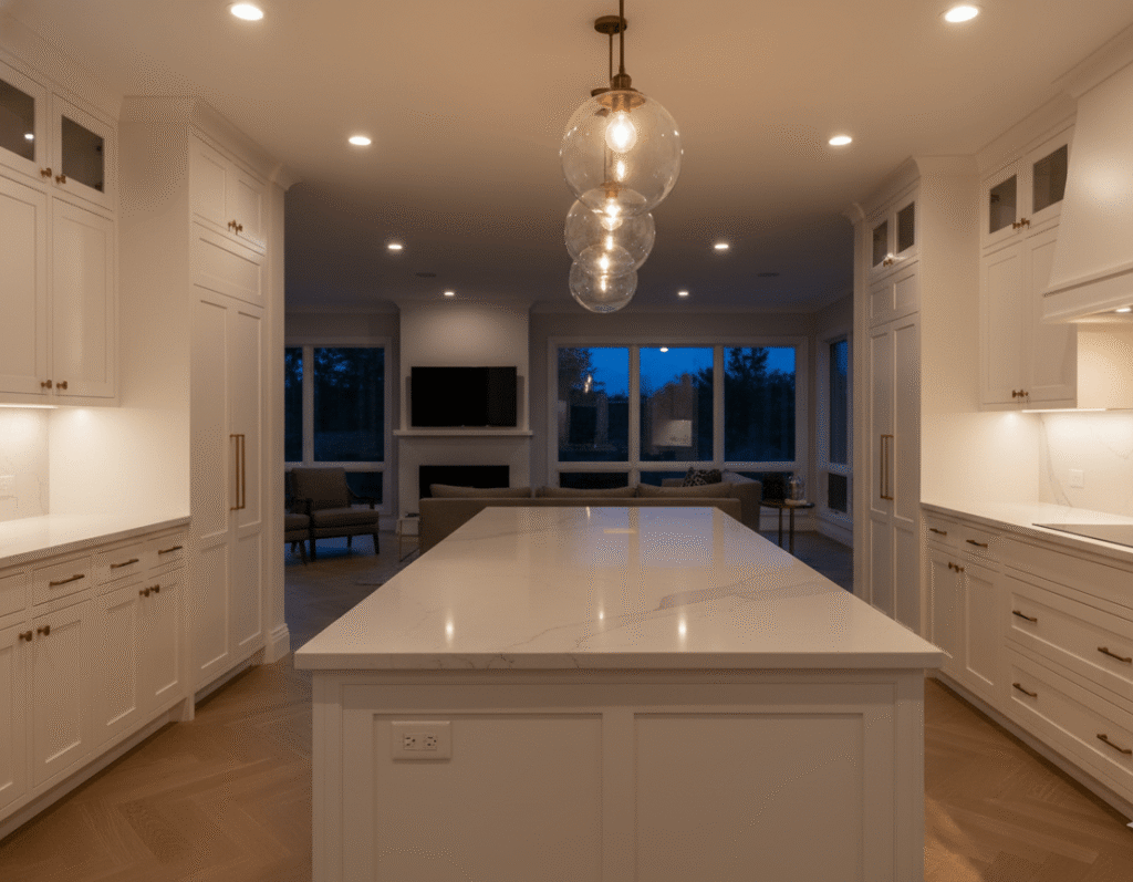 Professional kitchen lighting design with pendant lights and ambient illumination